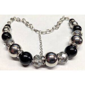 New Chunky Black Silver Beaded Rhinestones Necklace Lobster Clasp 20" w Extender